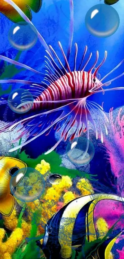 Vibrant underwater wallpaper with colorful fish and corals.