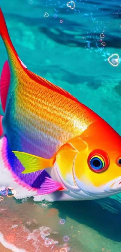 Vibrant fish riding a wave on a sunny beach.