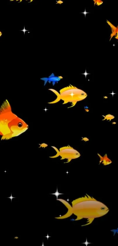 Colorful fish swim on a black background in vibrant mobile wallpaper.