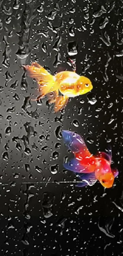 Colorful goldfish on raindrop glass with a dark background.