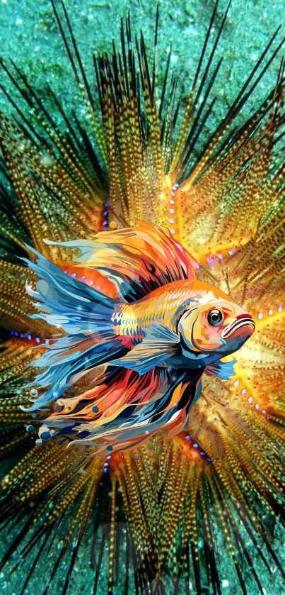 Colorful fish on a vibrant sea urchin background.