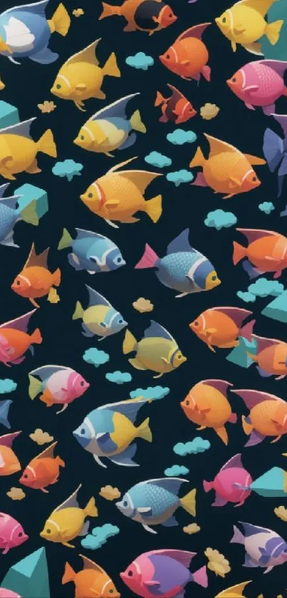 Mobile wallpaper with vibrant, colorful fish swimming on a dark background.