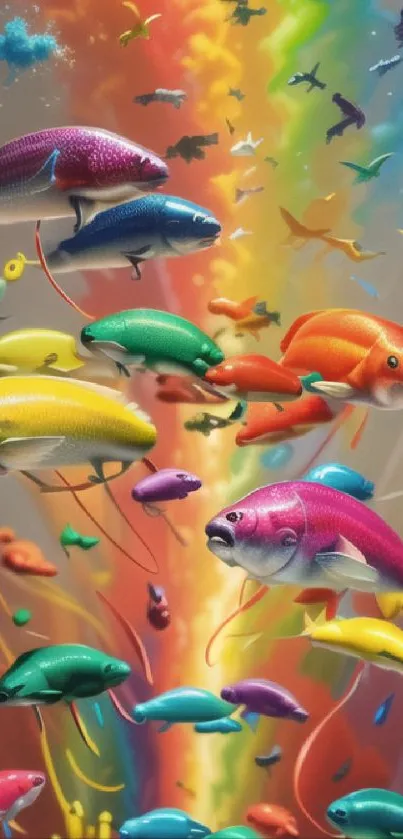 Vibrant fish in a rainbow backdrop.