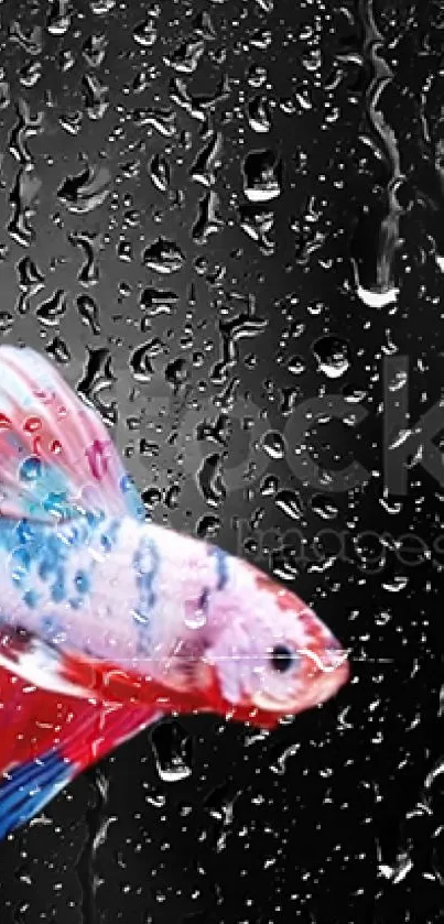 Colorful fish behind rain-streaked glass, creating a dynamic mobile wallpaper.