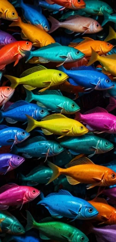 Colorful school of vibrant tropical fish swimming underwater.
