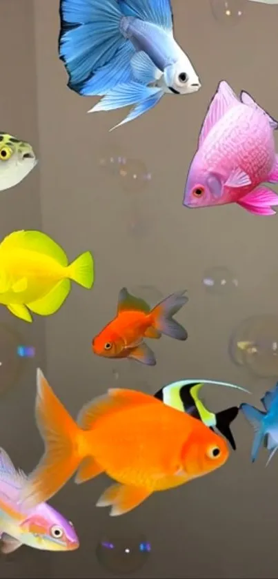 Colorful fish swimming with bubbles wallpaper design.
