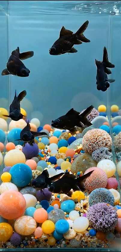 Colorful aquarium with vibrant fishes and decorations.