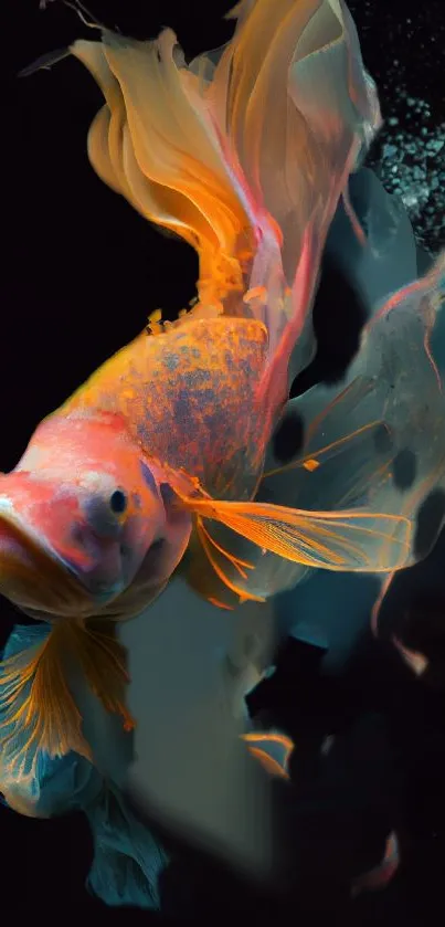 Vibrant orange fish swimming in artistic underwater scene.