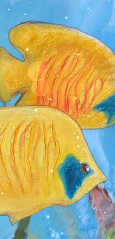 Colorful fish swimming in an artistic ocean scene with vibrant yellow and blue hues.