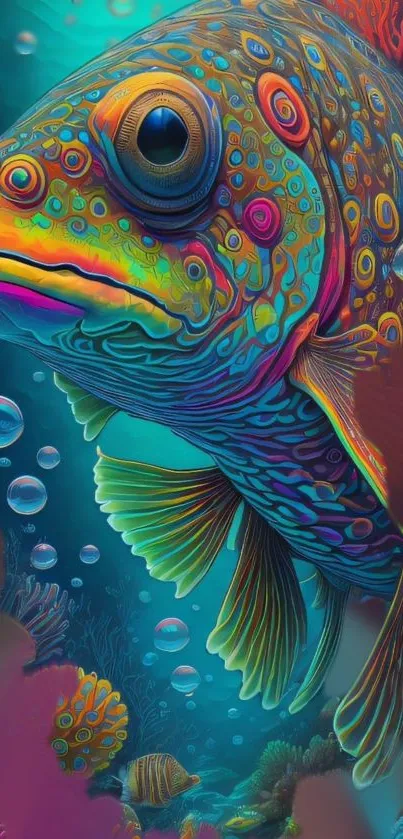 Vibrant fish swimming in colorful underwater scene with coral and bubbles.