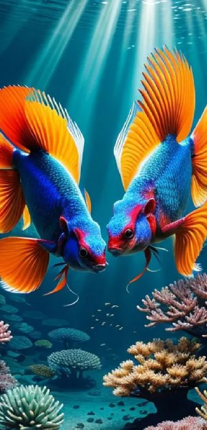 Two vibrant fish swimming amid colorful corals underwater.