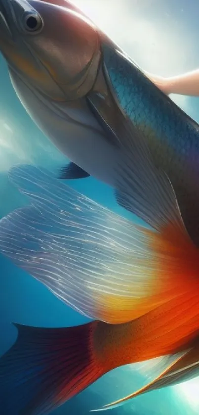 Vibrant fish swimming underwater with blue and orange hues.