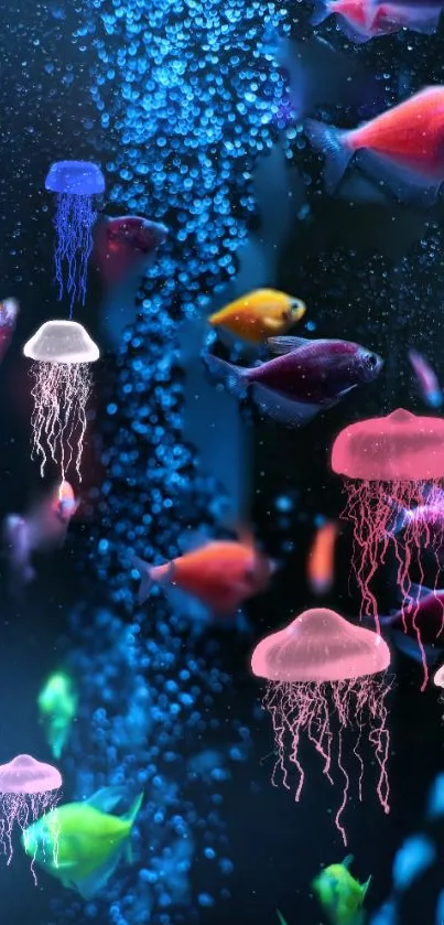 Vibrant fish swimming in blue water bubbles wallpaper.