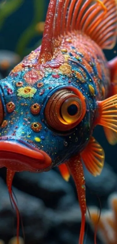 Bright and colorful fish with textured scales underwater.