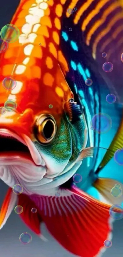 Colorful fish with bubbles in phone wallpaper.