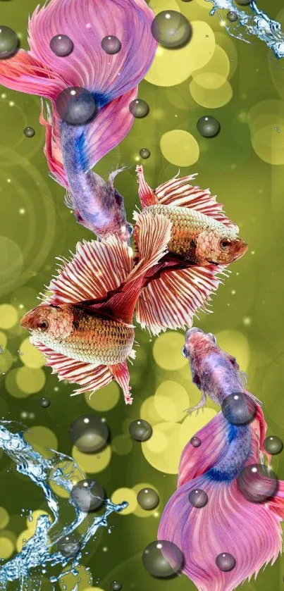 Artistic mobile wallpaper with colorful fish and green background.