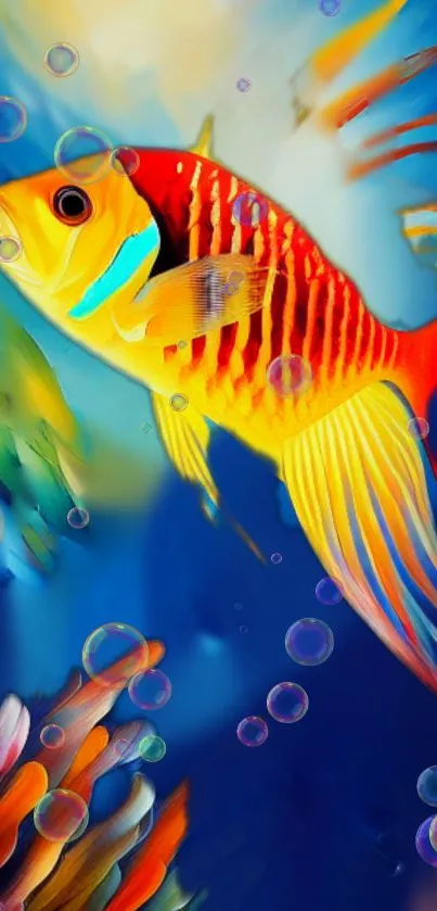 Colorful tropical fish with bubbles on a vibrant blue background.