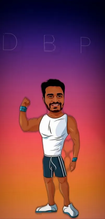 Cartoon fitness character with vibrant ombre background.