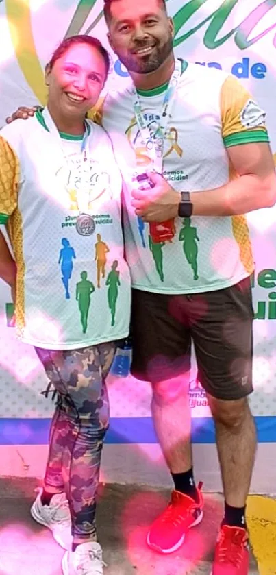 Two athletes pose under pink lights at a fitness event.