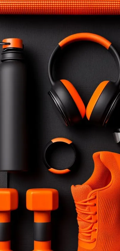 Orange fitness gear neatly arranged on a dark background.