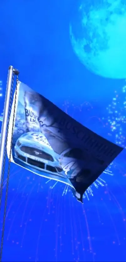 Flag waving under a blue moon with vibrant fireworks in the background.