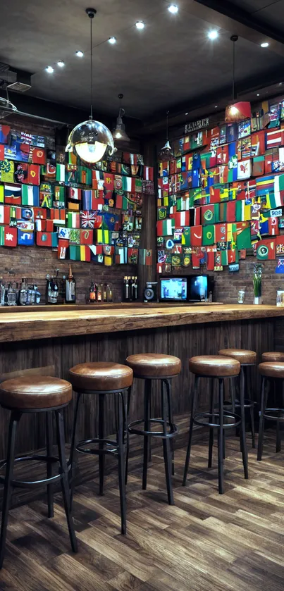 Cozy bar interior with flags and stools.