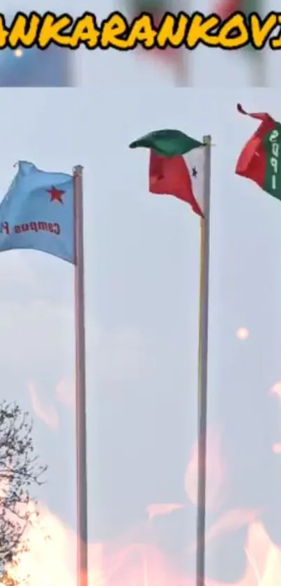 Colorful flags on poles against the sky.