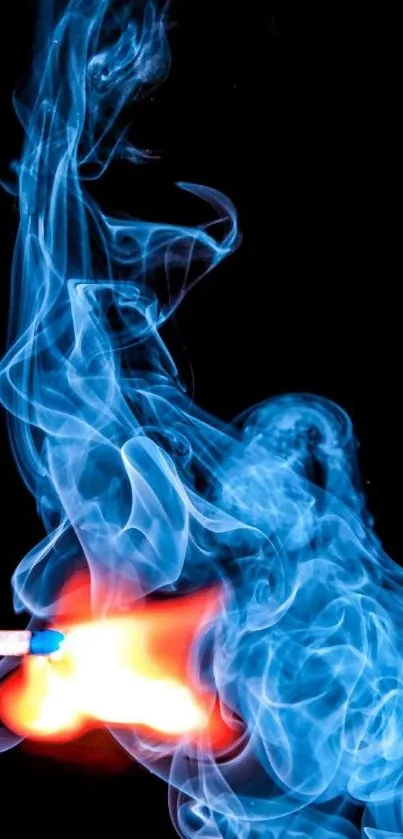 Artistic wallpaper with vibrant flame and blue smoke on black background.