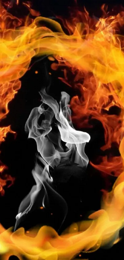 Circle of vibrant flames on dark background wallpaper.