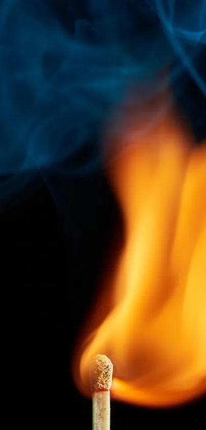 A matchstick with vibrant orange flame against a dark background.