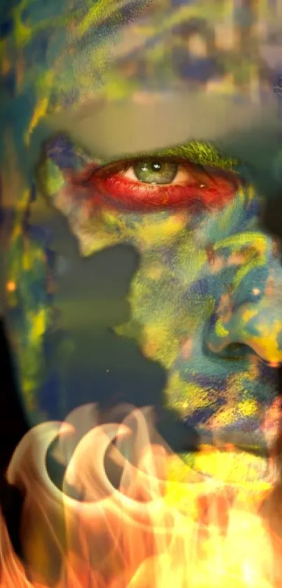 Colorful face with fiery background.