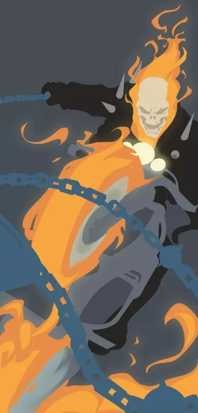 Cartoon ghost rider with flaming skull on a fiery motorcycle with chains.