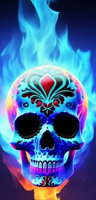 Colorful flaming skull with intricate design on a blue background.