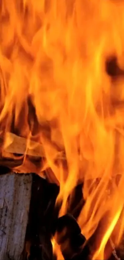 Vibrant orange flames on a wooden log background.