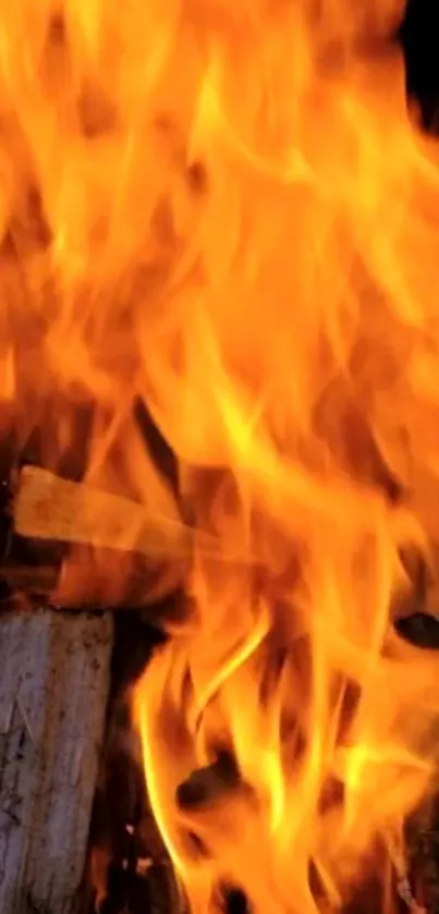 Bright orange flames on burning wood.