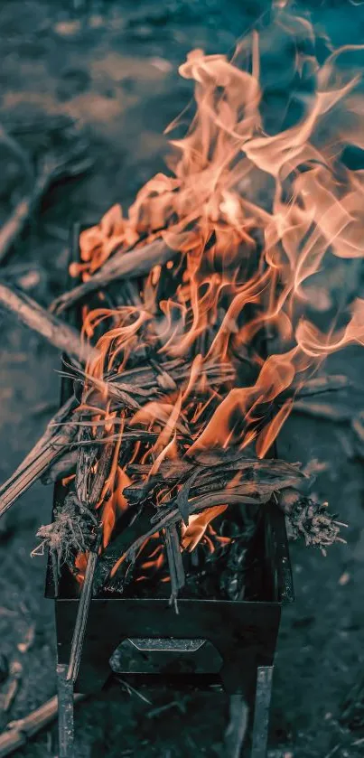 Vibrant flames on smoky wooden background.