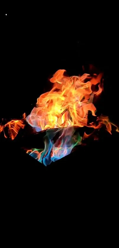 Colorful flames burst on a dark phone screen background.