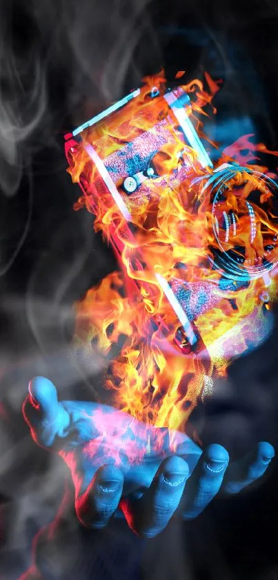 Vibrant flaming camera hovering over a hand, digital art wallpaper.