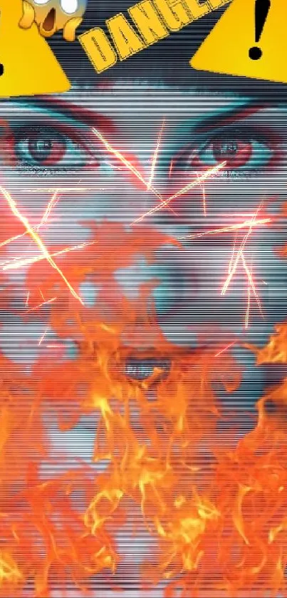 Surreal flaming face with danger sign wallpaper.