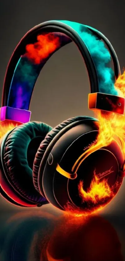 Vibrant flaming headphones with colorful artistic design on dark background.