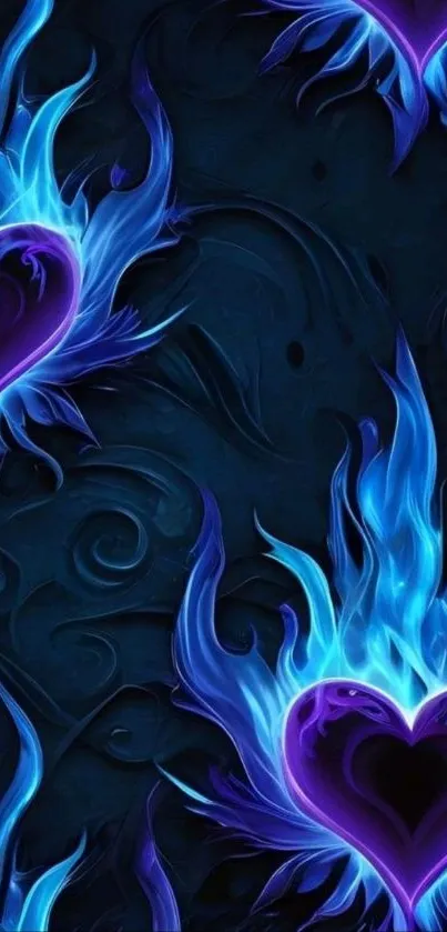 Vibrant blue flaming hearts on a dark background.