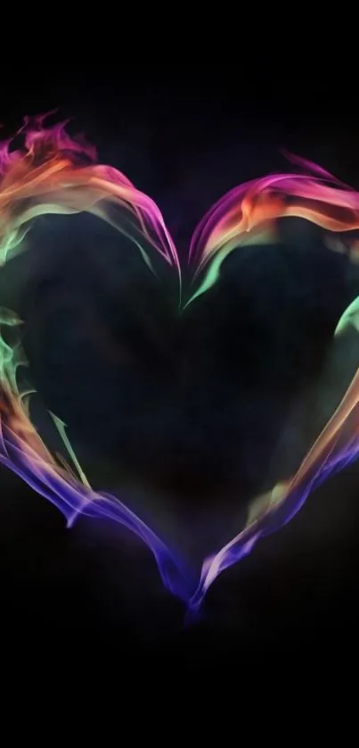 Vibrant flaming heart with colorful flames on a black background.