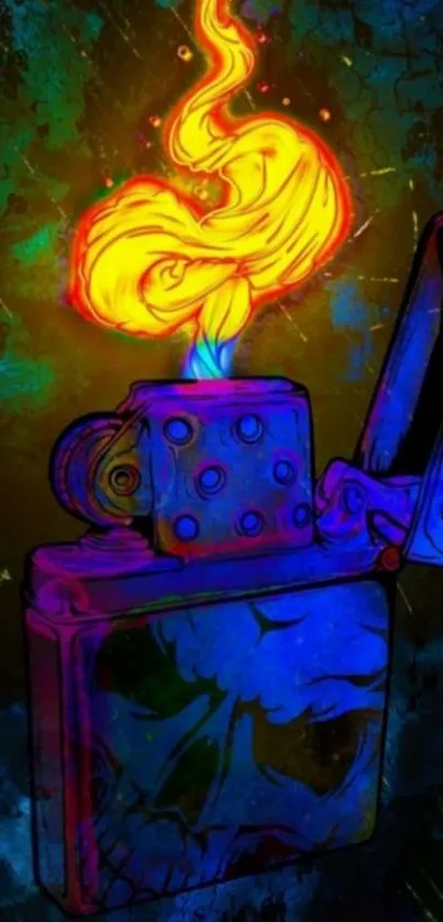 Vibrant artwork of a flame from a lighter with a blue and yellow color scheme.