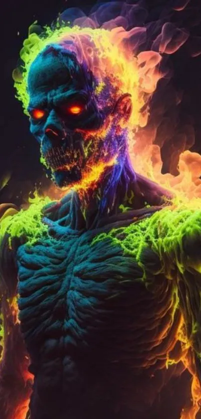 Vibrant flaming skeleton with neon colors on a dark background.