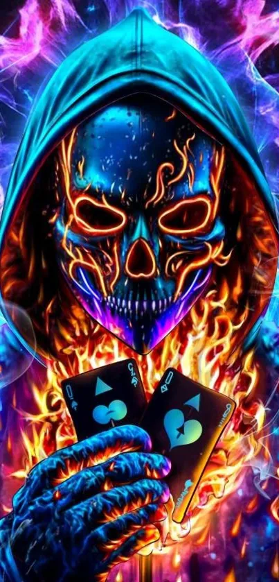 Vibrant flaming skull artwork with neon colors and bold design.