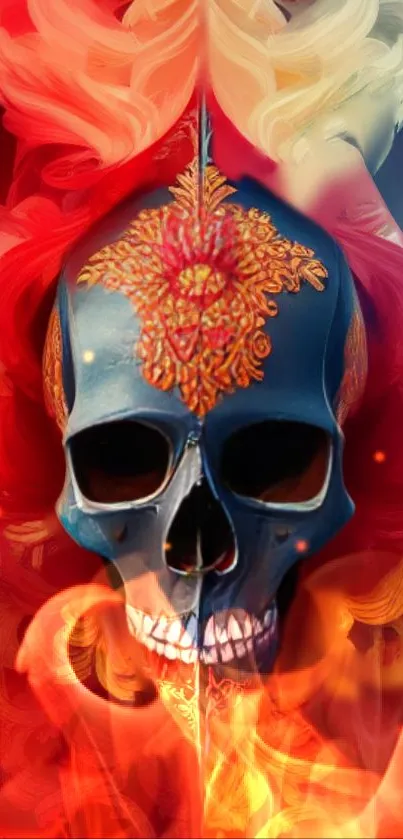 Vibrant flaming skull with intricate patterns and fiery colors for mobile wallpaper.