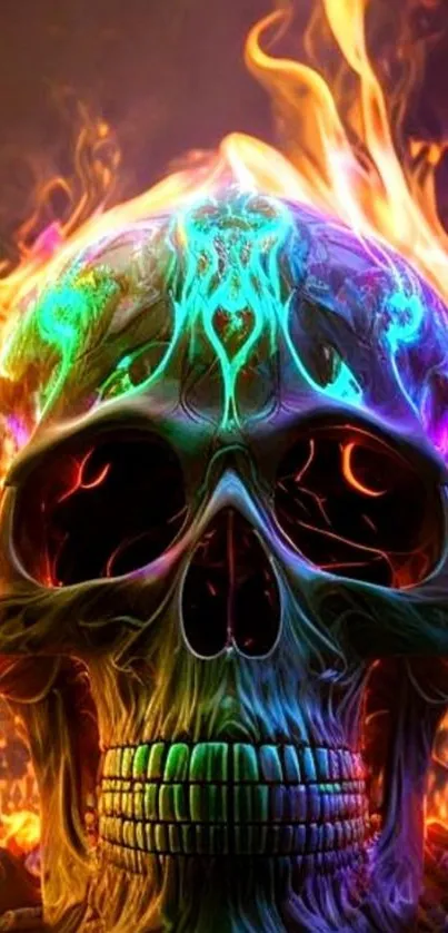 Neon skull engulfed in vibrant flames, vivid mobile wallpaper.