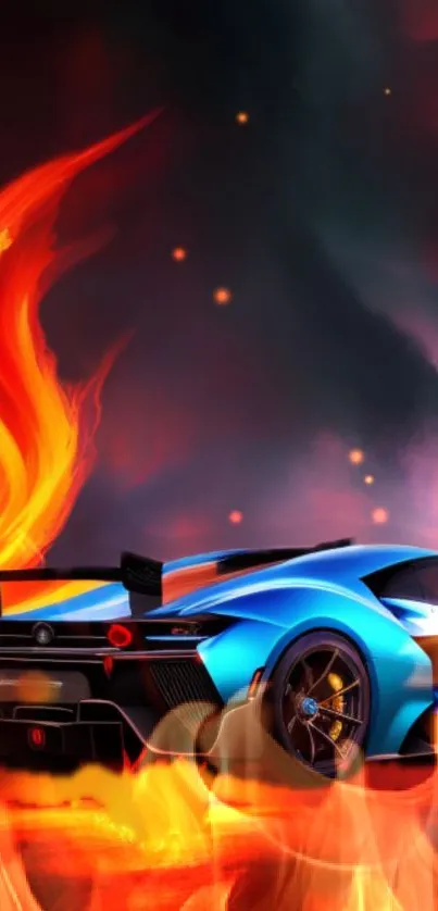 Vibrant sports car with flames wallpaper in fiery orange.