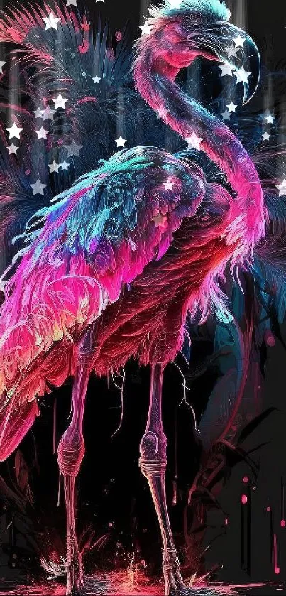 Vibrant flamingo art wallpaper with neon colors on a black background.