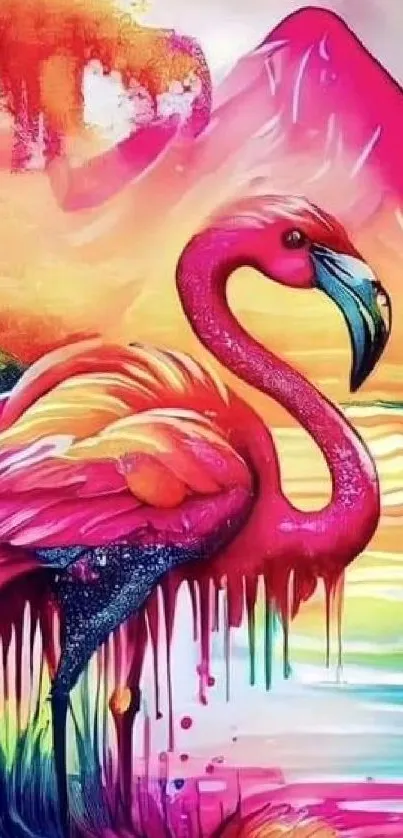 Vibrant flamingo artwork with a tropical landscape and colorful scenery.